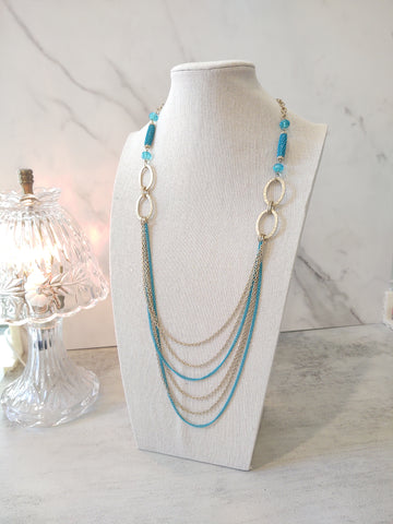 Teal & Gold Tone Chain Statement Necklace 40 Inch – Lot P11