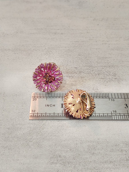 Pink Starburst Vtg Earrings Flower Clip On – Lot P46