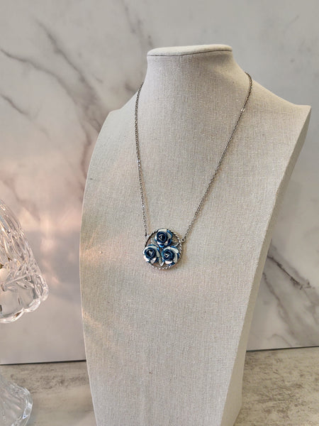 Vtg Blue Rose Necklace Silver Tone 18” Inch – Lot P80