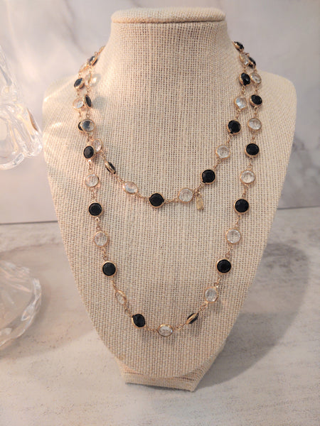 Vintage Swarovski Bezel Necklace Black & Clear Crystal Gold Tone - Lot P168