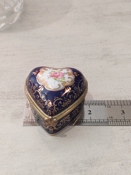 Heart Trinket Box Porcelain Jewelry Storage Blue & Gold - Lot P163
