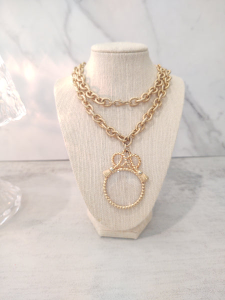 Vintage Glass Magnifier Loupe Pendant Necklace Gold Tone - Lot P171
