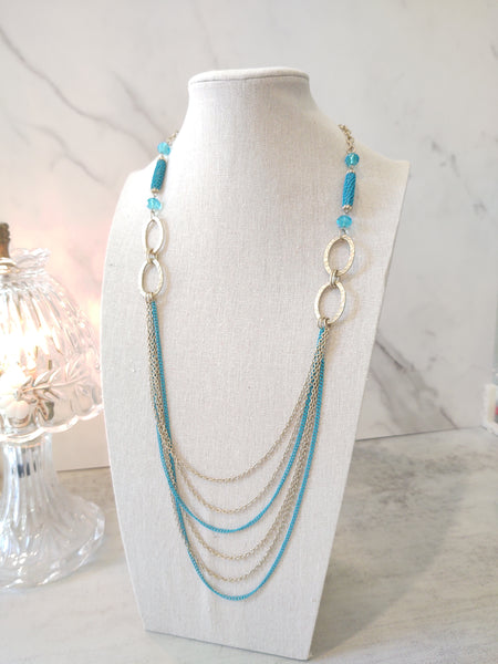 Teal & Gold Tone Chain Statement Necklace 40 Inch – Lot P11