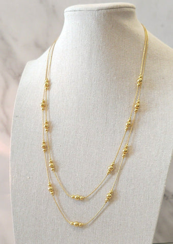 Vtg Avon Shiny Gold Tone 2 Chain Beaded Herringbone Necklace - Lot P3