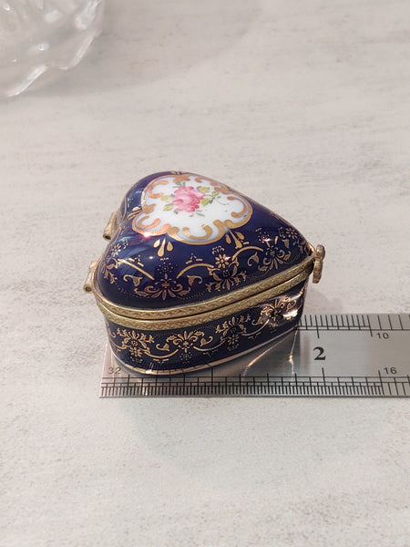 Heart Trinket Box Porcelain Jewelry Storage Blue & Gold - Lot P163