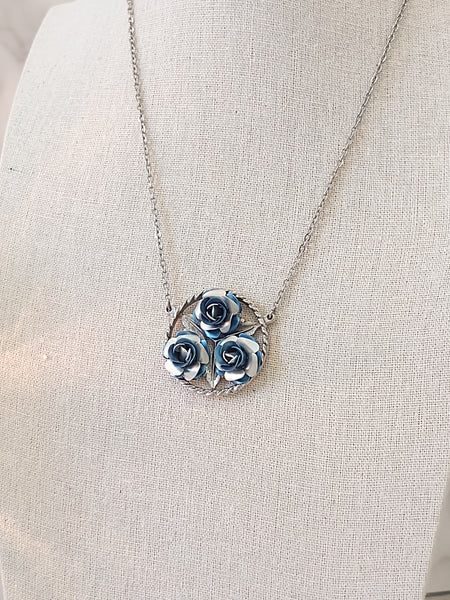 Vtg Blue Rose Necklace Silver Tone 18” Inch – Lot P80