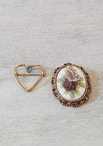 2 Pcs Vtg Brooches Heart Flowers Vintage Jewelry Wear Or Resell - Lot P57