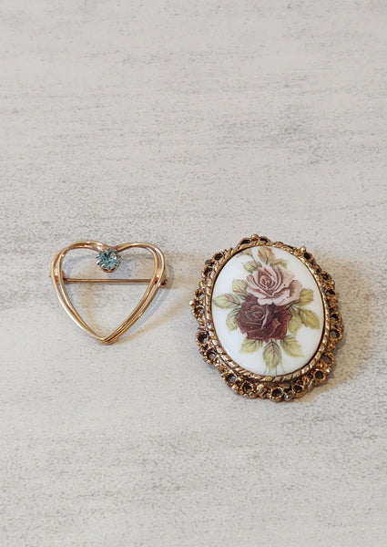 2 Pcs Vtg Brooches Heart Flowers Vintage Jewelry Wear Or Resell - Lot P57