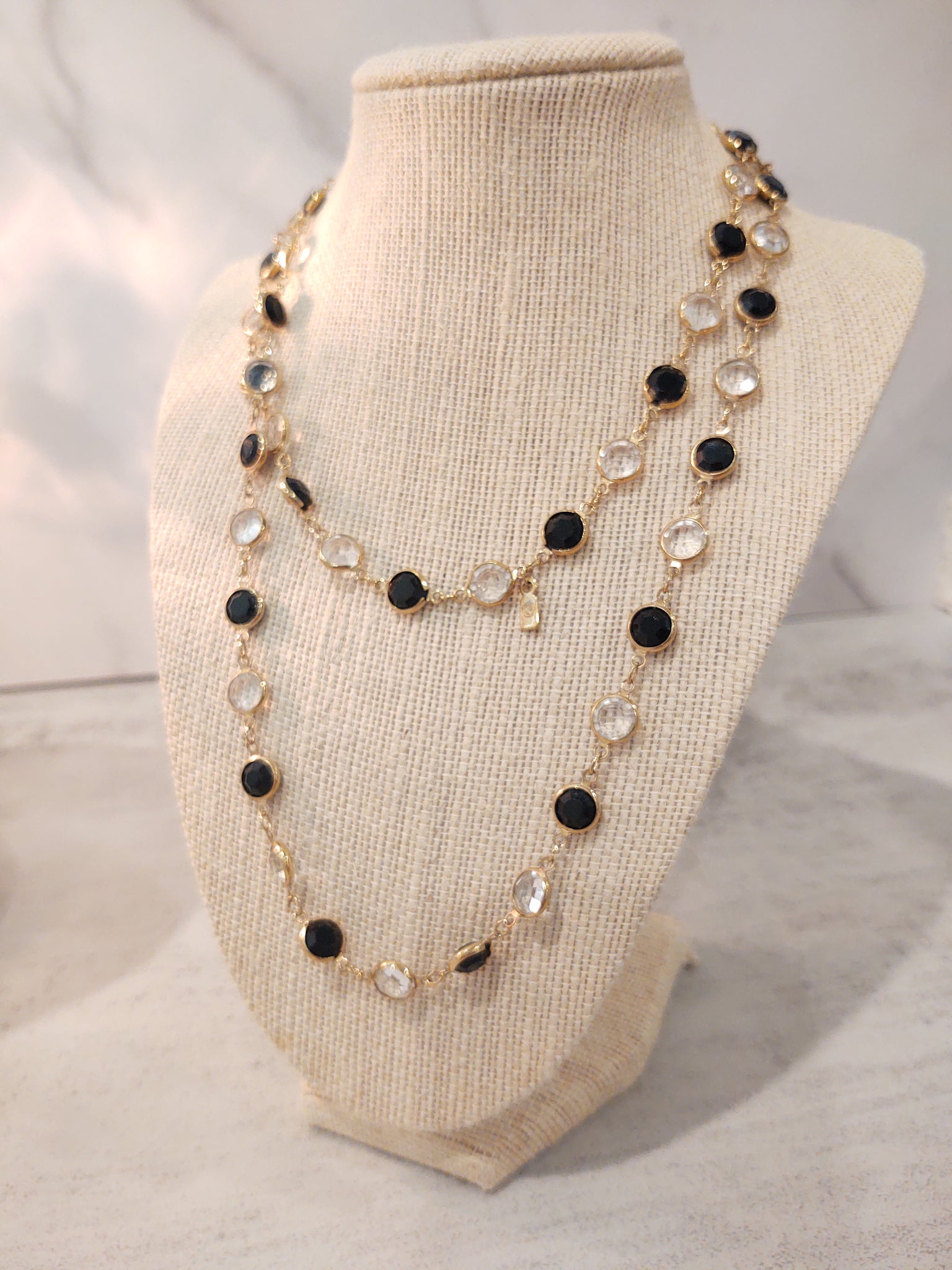 Vintage Swarovski Bezel Necklace Black & Clear Crystal Gold Tone - Lot P168