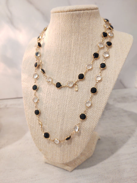 Vintage Swarovski Bezel Necklace Black & Clear Crystal Gold Tone - Lot P168