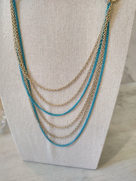 Teal & Gold Tone Chain Statement Necklace 40 Inch – Lot P11