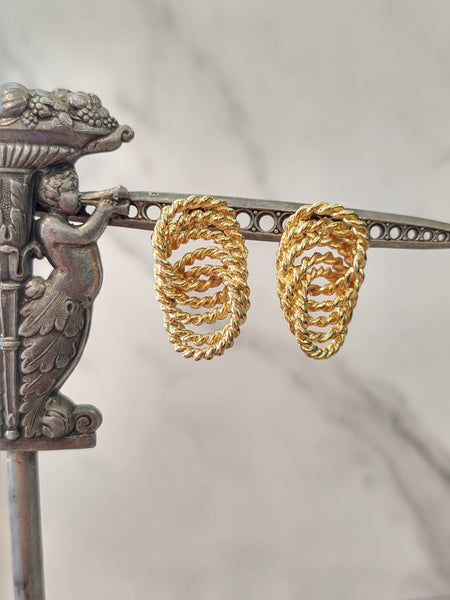 2 Pair Vtg Rope Design Pierced Earrings Gold Tone Jewelry – P32