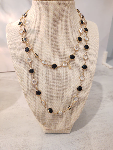 Vintage Swarovski Bezel Necklace Black & Clear Crystal Gold Tone - Lot P168