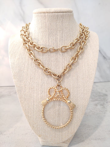 Vintage Glass Magnifier Loupe Pendant Necklace Gold Tone - Lot P171