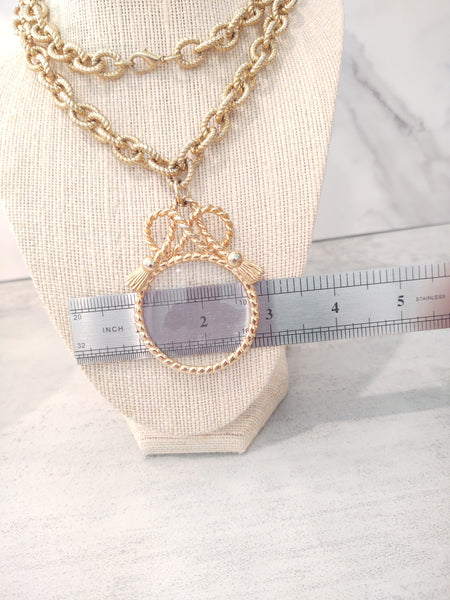 Vintage Glass Magnifier Loupe Pendant Necklace Gold Tone - Lot P171