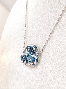 Vtg Blue Rose Necklace Silver Tone 18” Inch – Lot P80