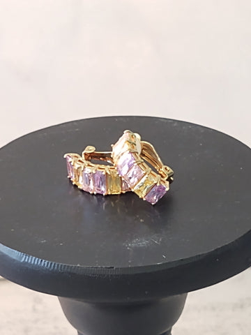 Vtg CZ Purple Pink Yellow Cut Crystal Clip On Gold Tone Earrings Vintage Pastel – Lot P19