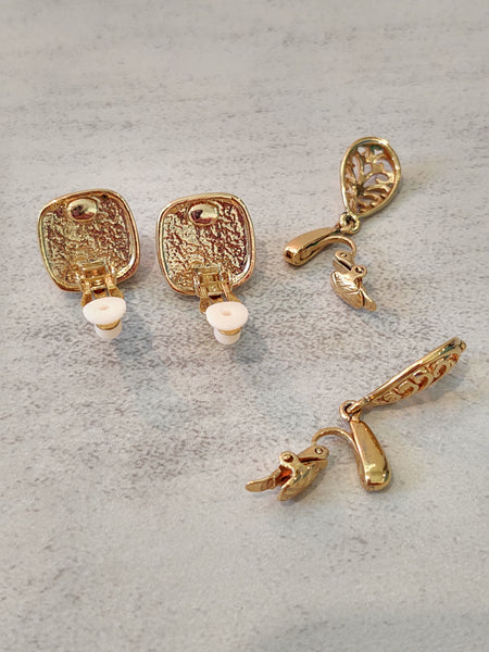 2 Pair Vtg Earrings Clip On Gold Tone Jewelry – Lot P34
