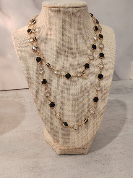 Vintage Swarovski Bezel Necklace Black & Clear Crystal Gold Tone - Lot P168