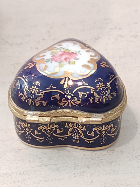 Heart Trinket Box Porcelain Jewelry Storage Blue & Gold - Lot P163