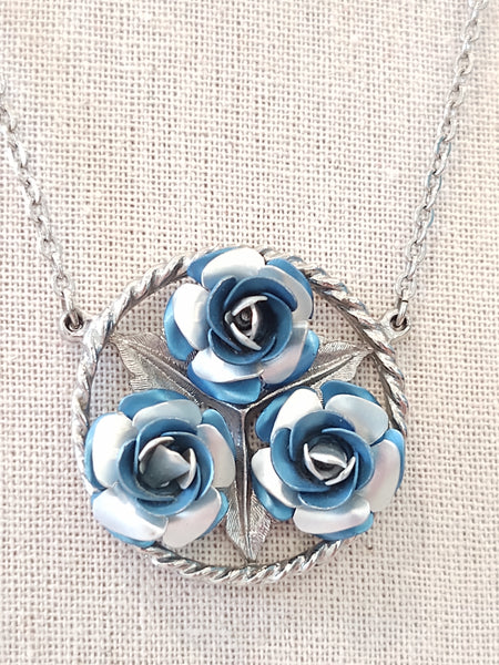 Vtg Blue Rose Necklace Silver Tone 18” Inch – Lot P80