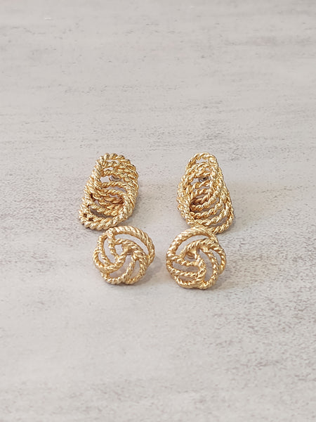 2 Pair Vtg Rope Design Pierced Earrings Gold Tone Jewelry – P32