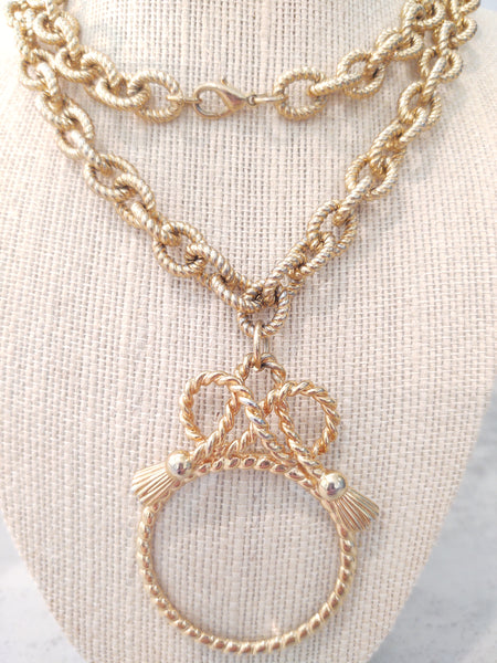 Vintage Glass Magnifier Loupe Pendant Necklace Gold Tone - Lot P171