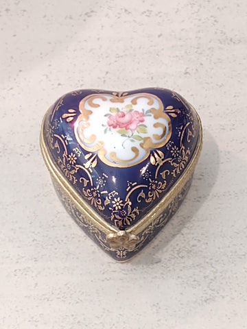 Heart Trinket Box Porcelain Jewelry Storage Blue & Gold - Lot P163