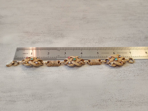 Vtg Link Bracelet Gold Tone Pastel Crystals 7” - P90