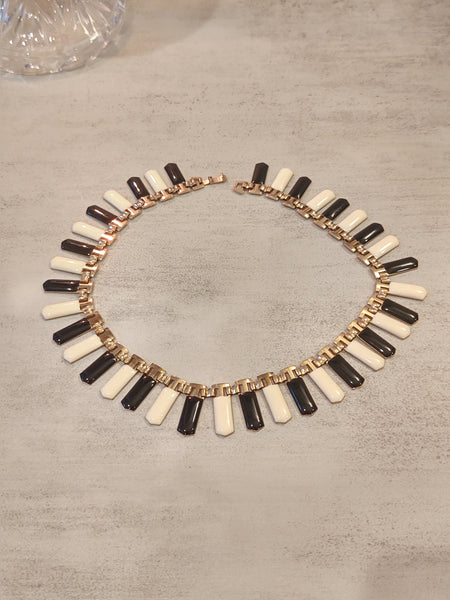 Vintage Black White Enamel Piano Keys Gold Tone Necklace 17" – P99