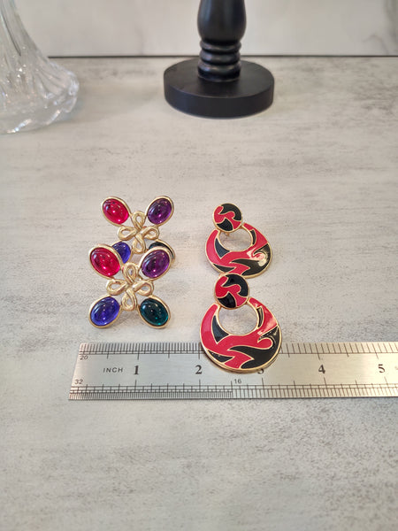 2 Pair Funky 80's Vintage Earrings Gold Tone Clip-On Fashion Jewelry – Lot P74