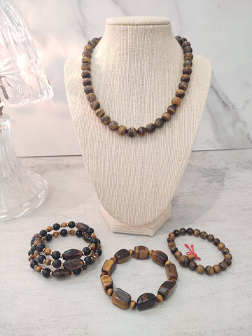 4 Pcs Tiger's Eye Necklace and 3 Bracelets Gemstone Semi Precious Stone Wearable Resell - Lot P181