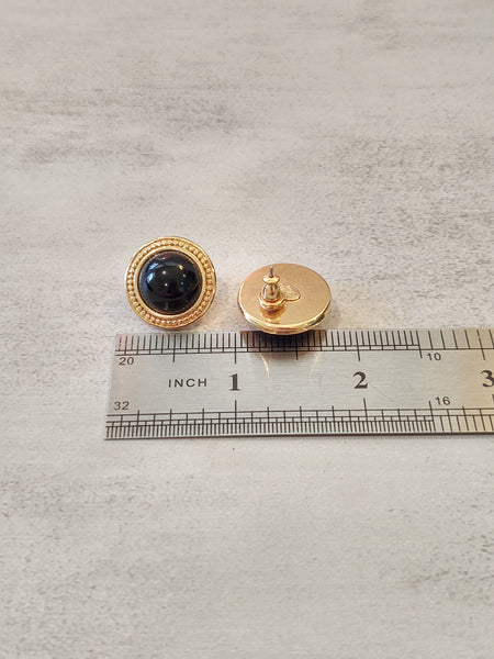 Vtg TRIFARI Black Button Style Earrings Signed Gold Tone Pierced – Lot P122