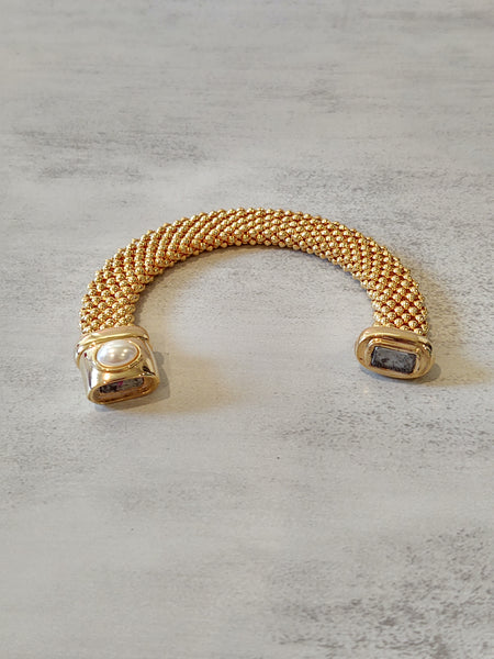 Vtg Magnetic Closure Bracelet Gold Tone Pearl Accent 8”– P54