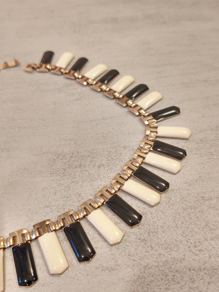 Vintage Black White Enamel Piano Keys Gold Tone Necklace 17" – P99