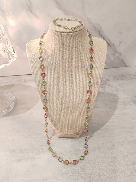 2 Pc Set Vintage Pastel Crystal Bezel Necklace & Bracelet - Lot P167