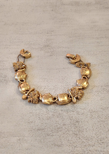 Vtg English Tea & Roses Slide Charm Bracelet Gold Tone 7" – P89