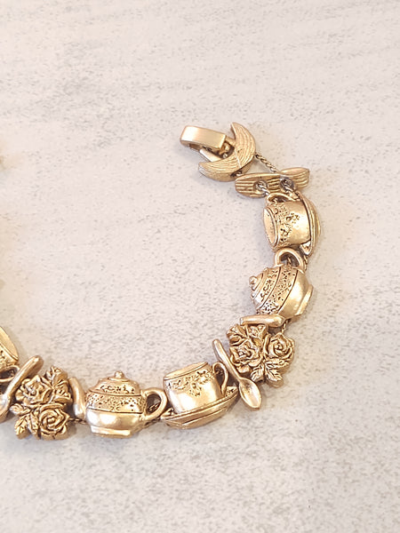 Vtg English Tea & Roses Slide Charm Bracelet Gold Tone 7" – P89