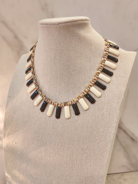 Vintage Black White Enamel Piano Keys Gold Tone Necklace 17" – P99