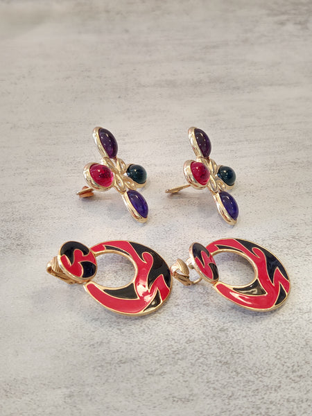 2 Pair Funky 80's Vintage Earrings Gold Tone Clip-On Fashion Jewelry – Lot P74