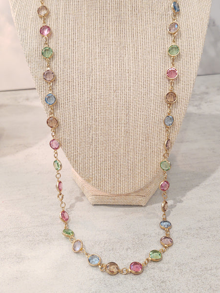 2 Pc Set Vintage Pastel Crystal Bezel Necklace & Bracelet - Lot P167