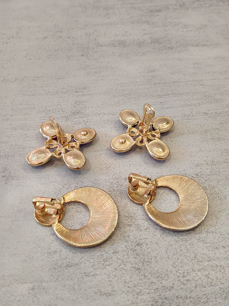 2 Pair Funky 80's Vintage Earrings Gold Tone Clip-On Fashion Jewelry – Lot P74