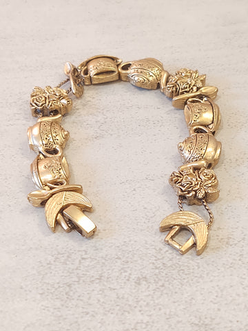 Vtg English Tea & Roses Slide Charm Bracelet Gold Tone 7" – P89