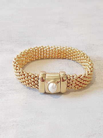 Vtg Magnetic Closure Bracelet Gold Tone Pearl Accent 8”– P54