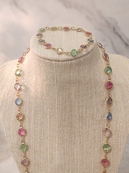 2 Pc Set Vintage Pastel Crystal Bezel Necklace & Bracelet - Lot P167