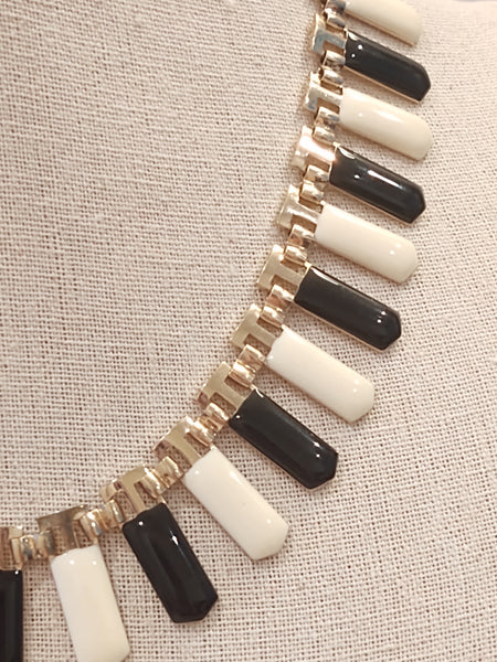Vintage Black White Enamel Piano Keys Gold Tone Necklace 17" – P99