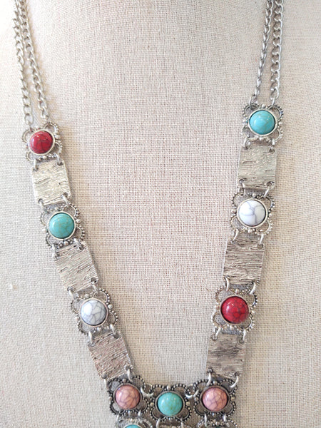 Southwestern Bib Silver Tone Statement Necklace 24 Inch – Lot P13