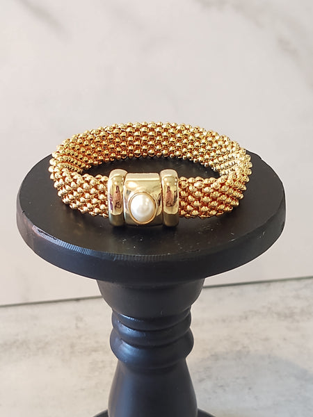 Vtg Magnetic Closure Bracelet Gold Tone Pearl Accent 8”– P54