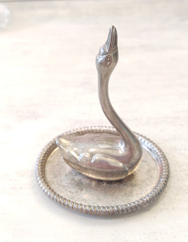 Vintage Silver Tone Swan Figurine Ring Holder Trinket Dish 3"– P113