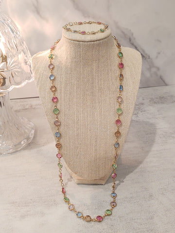 2 Pc Set Vintage Pastel Crystal Bezel Necklace & Bracelet - Lot P167